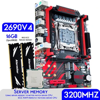 Материнская плата Atermiter X99 D4 в комплекте с процессором Xeon E5 2690 V4 LGA2011-3 2шт X 8 ГБ = 16 ГБ оперативной памяти 3200 МГц DDR4 REG ECC