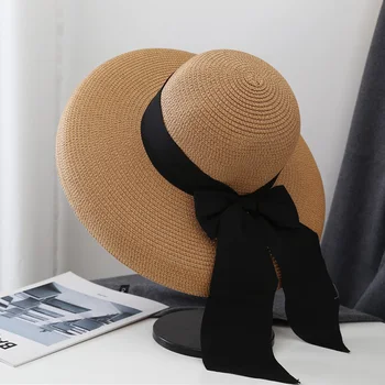 Солнцезащитные шляпы для женщин, винтажная черная соломенная шляпа Хепберн, шляпа с зонтиком, солнцезащитный крем, Праздничная Пляжная шляпа, женская летняя солнцезащитная шляпа с большими полями