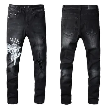 2023 Черные узкие джинсы с буквенным принтом Ангела, мужские джинсы, Обтягивающая уличная одежда, мотоциклетные джинсовые брюки, Джинсы в стиле хип-хоп, мужские джинсы Los Hombres