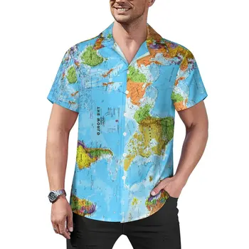 Повседневные рубашки с картой мира, рубашка для отпуска с винтажным принтом, Гавайские трендовые блузки, Мужские графические блузки большого размера